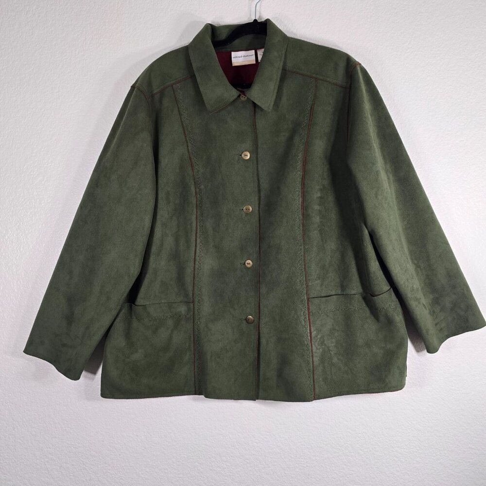 Alfred Dunner Jacket Women Size 18 Green Faux Suede Button Long Sleeve Boho